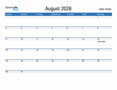 Current month calendar with Cabo Verde holidays for August 2026