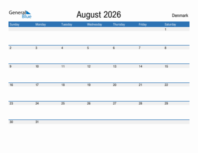 Current month calendar with Denmark holidays for August 2026