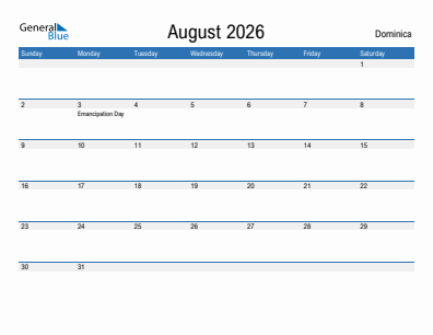 Current month calendar with Dominica holidays for August 2026