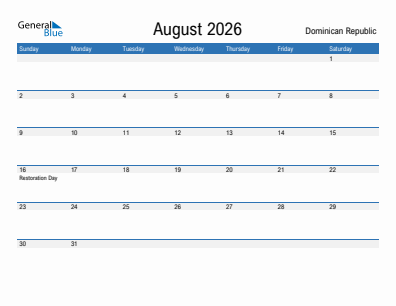 Current month calendar with Dominican Republic holidays for August 2026