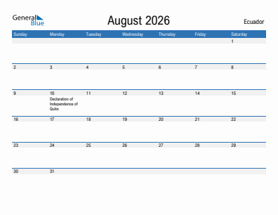 Current month calendar with Ecuador holidays for August 2026