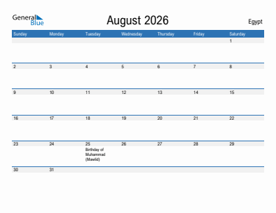 Current month calendar with Egypt holidays for August 2026