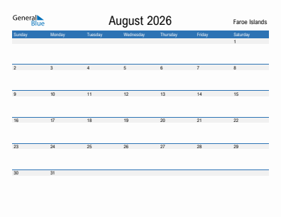 Current month calendar with Faroe Islands holidays for August 2026
