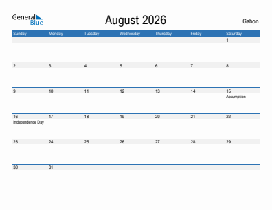 Current month calendar with Gabon holidays for August 2026