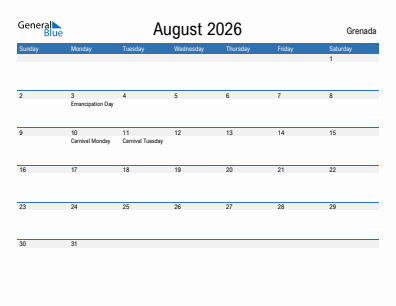 Current month calendar with Grenada holidays for August 2026