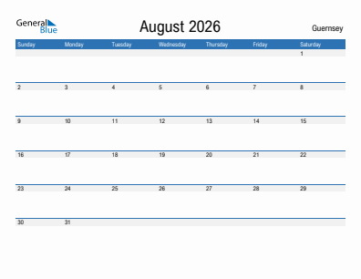 Current month calendar with Guernsey holidays for August 2026