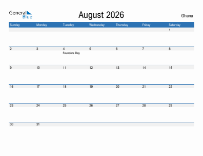 Current month calendar with Ghana holidays for August 2026