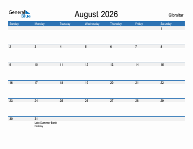 Current month calendar with Gibraltar holidays for August 2026