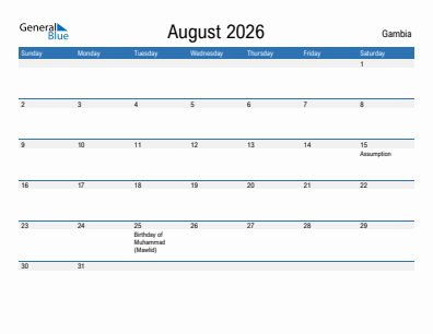 Current month calendar with Gambia holidays for August 2026