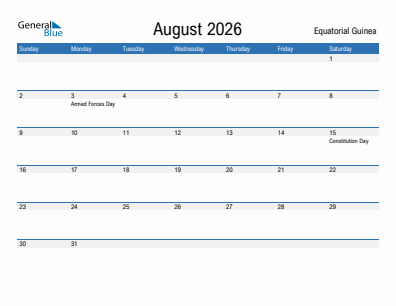 Current month calendar with Equatorial Guinea holidays for August 2026