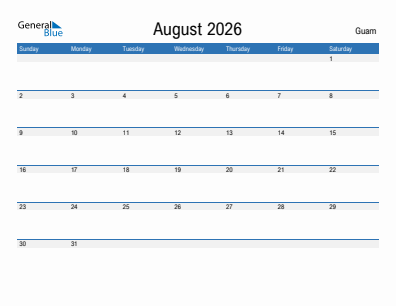 Current month calendar with Guam holidays for August 2026