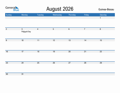 Current month calendar with Guinea-Bissau holidays for August 2026