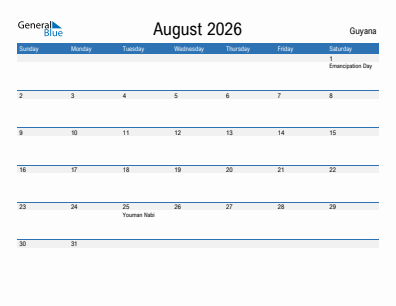 Current month calendar with Guyana holidays for August 2026