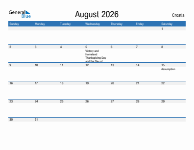 Current month calendar with Croatia holidays for August 2026