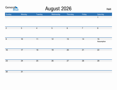 Current month calendar with Haiti holidays for August 2026