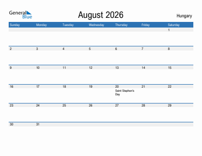 Current month calendar with Hungary holidays for August 2026