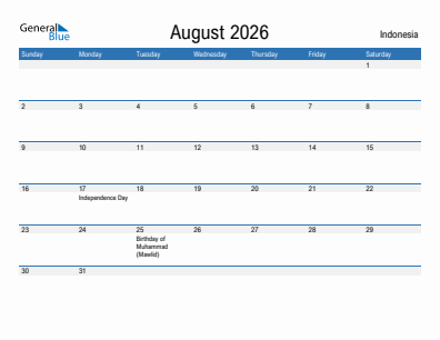 Current month calendar with Indonesia holidays for August 2026