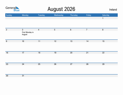 Current month calendar with Ireland holidays for August 2026