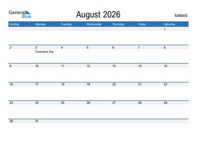 Current month calendar with Iceland holidays for August 2026