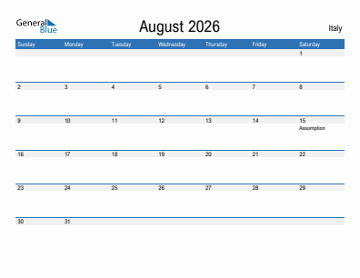 Current month calendar with Italy holidays for August 2026
