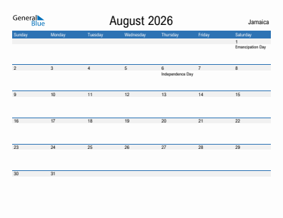Current month calendar with Jamaica holidays for August 2026