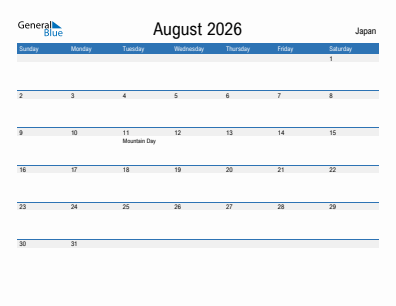 Current month calendar with Japan holidays for August 2026