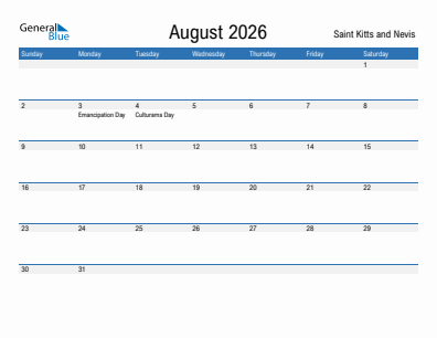 Current month calendar with Saint Kitts and Nevis holidays for August 2026
