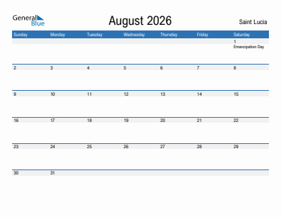 Current month calendar with Saint Lucia holidays for August 2026