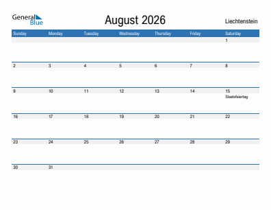 Current month calendar with Liechtenstein holidays for August 2026