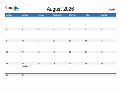 Current month calendar with Liberia holidays for August 2026