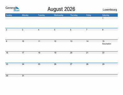Current month calendar with Luxembourg holidays for August 2026