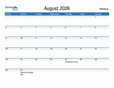 Current month calendar with Moldova holidays for August 2026