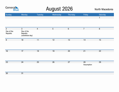 Current month calendar with North Macedonia holidays for August 2026