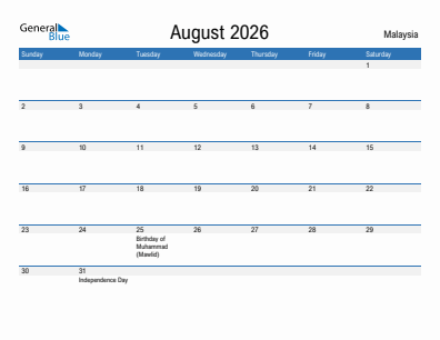Current month calendar with Malaysia holidays for August 2026
