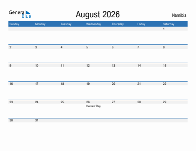 Current month calendar with Namibia holidays for August 2026