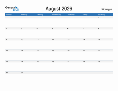 Current month calendar with Nicaragua holidays for August 2026