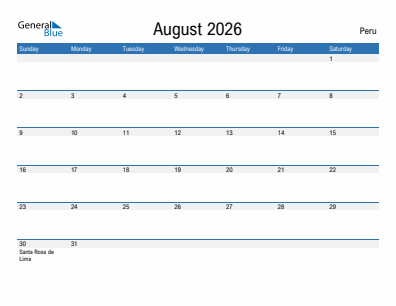 Current month calendar with Peru holidays for August 2026