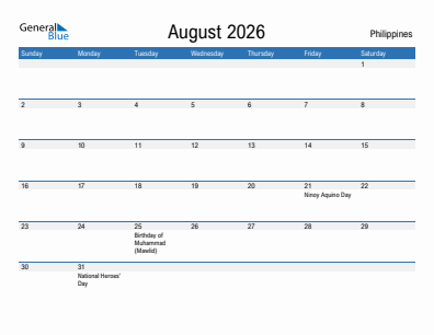 Current month calendar with Philippines holidays for August 2026