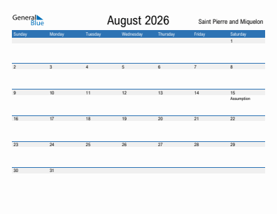 Current month calendar with Saint Pierre and Miquelon holidays for August 2026