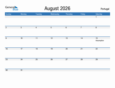 Current month calendar with Portugal holidays for August 2026