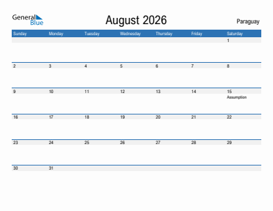 Current month calendar with Paraguay holidays for August 2026