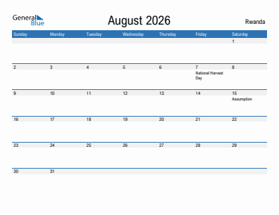 Current month calendar with Rwanda holidays for August 2026