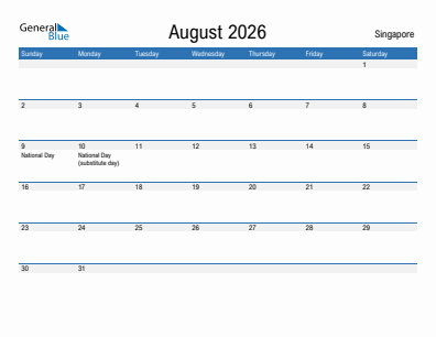 Current month calendar with Singapore holidays for August 2026