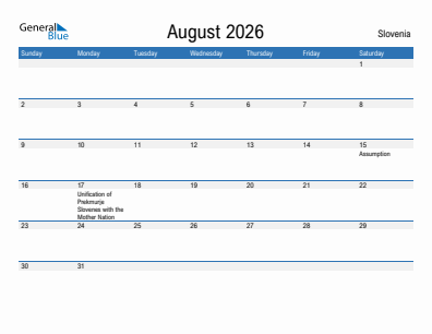 Current month calendar with Slovenia holidays for August 2026