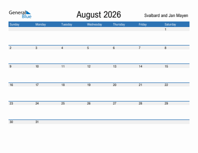 Current month calendar with Svalbard and Jan Mayen holidays for August 2026
