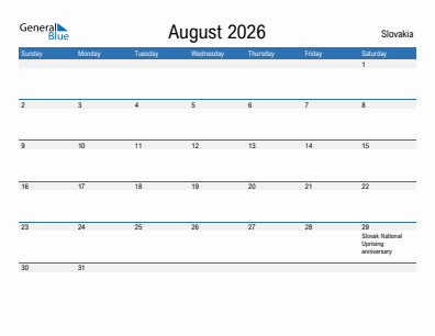 Current month calendar with Slovakia holidays for August 2026