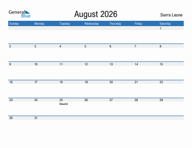 Current month calendar with Sierra Leone holidays for August 2026