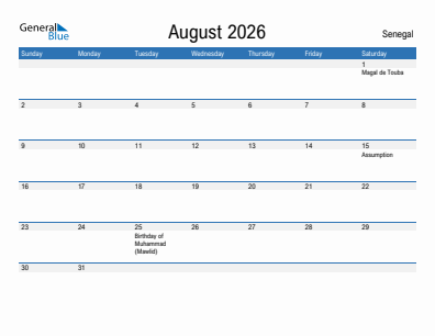 Current month calendar with Senegal holidays for August 2026