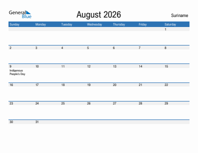 Current month calendar with Suriname holidays for August 2026