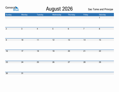 Current month calendar with Sao Tome and Principe holidays for August 2026